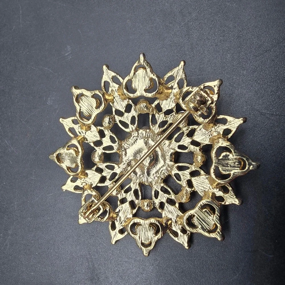 Amber Rhinestone Starburst Brooch Gold Tone Statement Jewelry